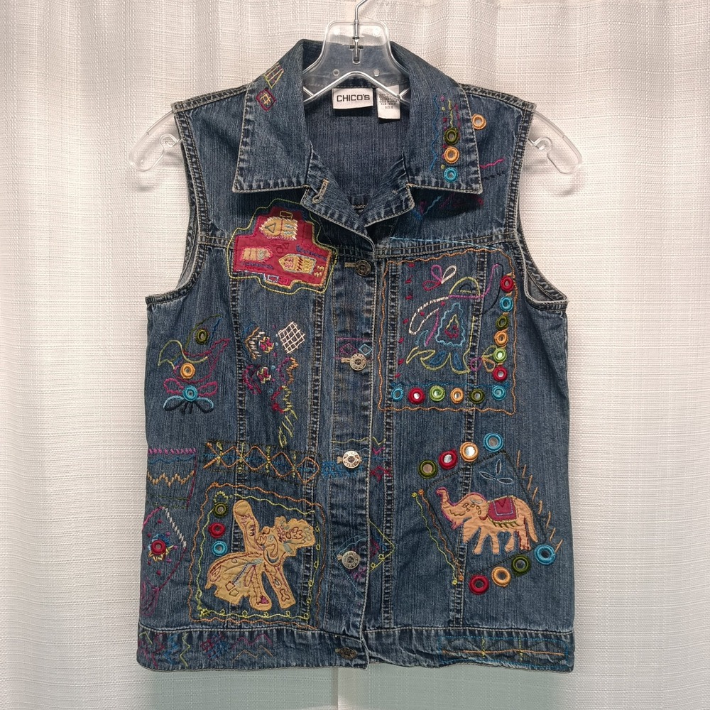 Chicos‎ Denim Vest Womens 0 Blue Embroidered Elephant Shisha Mirror Boho Folk